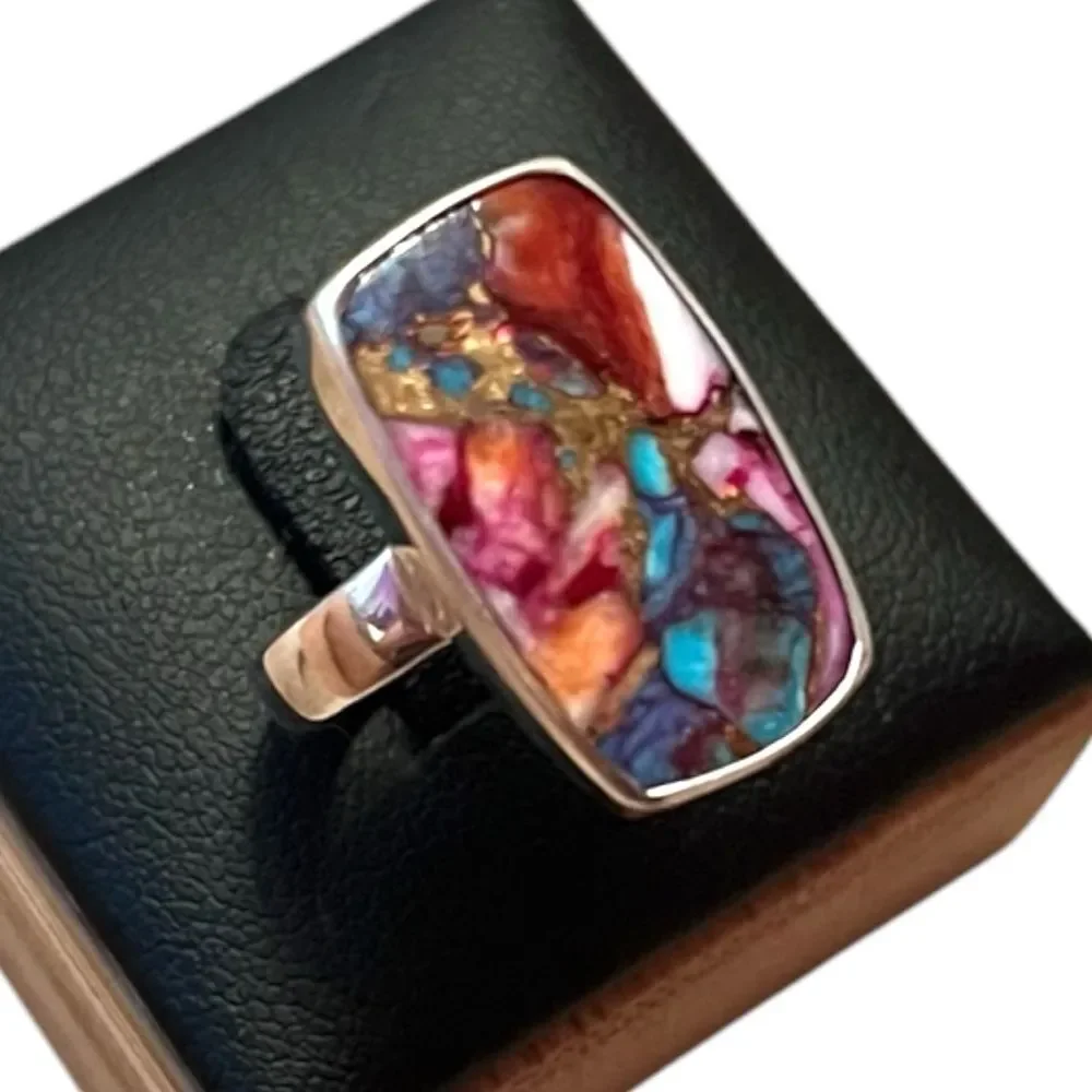 925 Sterling Silver Pink Dahlia Blue Turquoise Copper Inlaid Ring Size 7